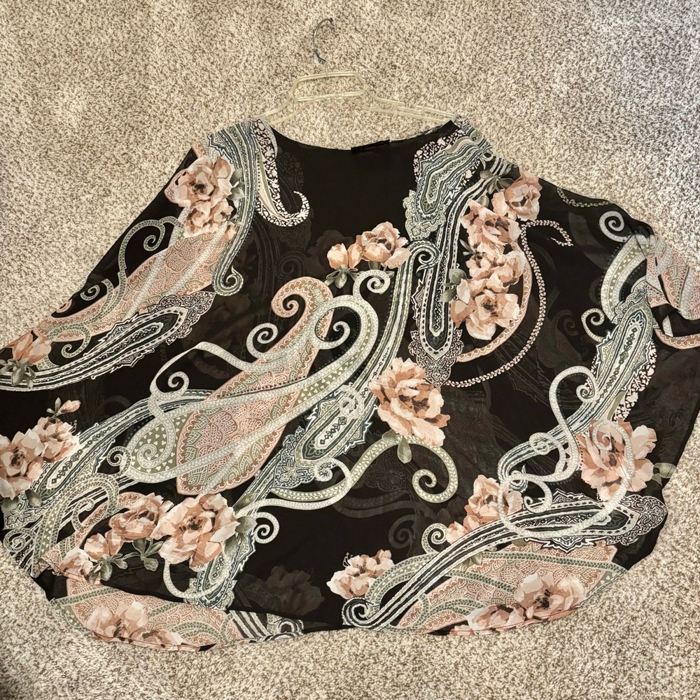 Bob Mackie 3X Black Sheer Rose Paisley Poncho Kimono topper pink floral flutter - Picture 14 of 14